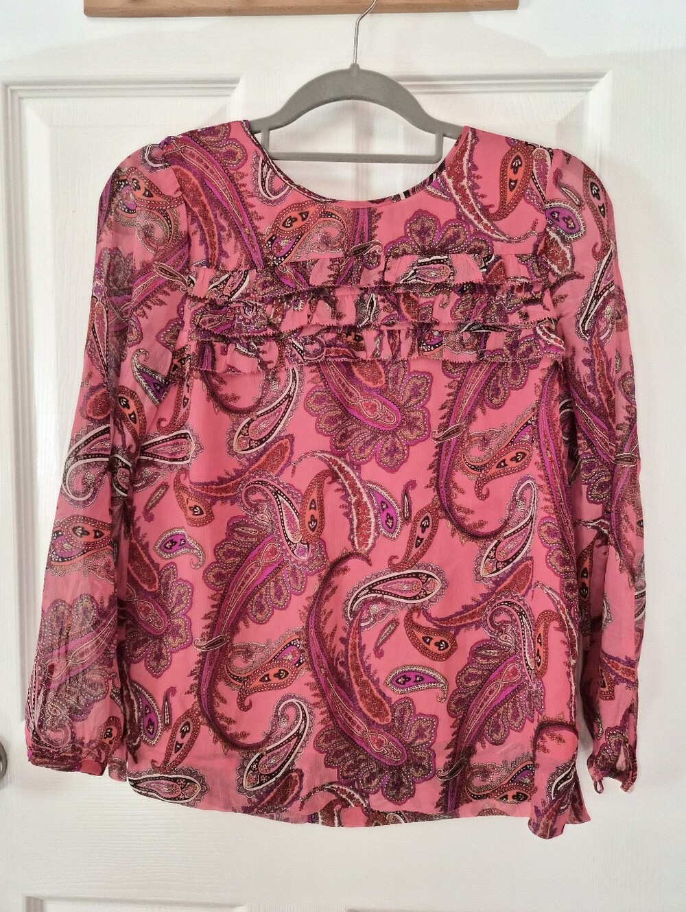 J. Crew Pink Paisley Ruffle-Front Blouse